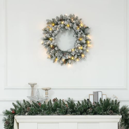 Pre-Lit Flocked Christmas Wreath, 60cm