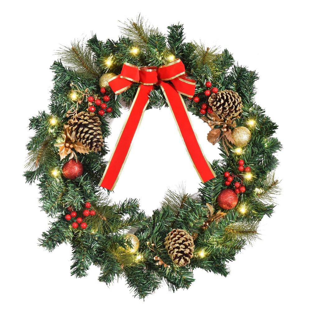 Pre-Lit Holly Christmas Wreath, 60cm