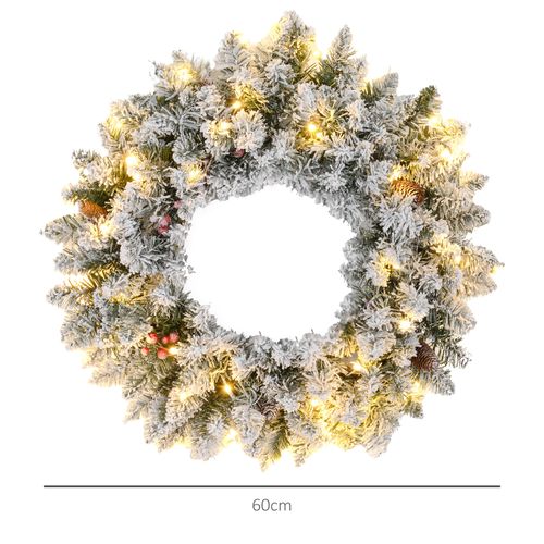 Pre-Lit Flocked Christmas Wreath, 60cm