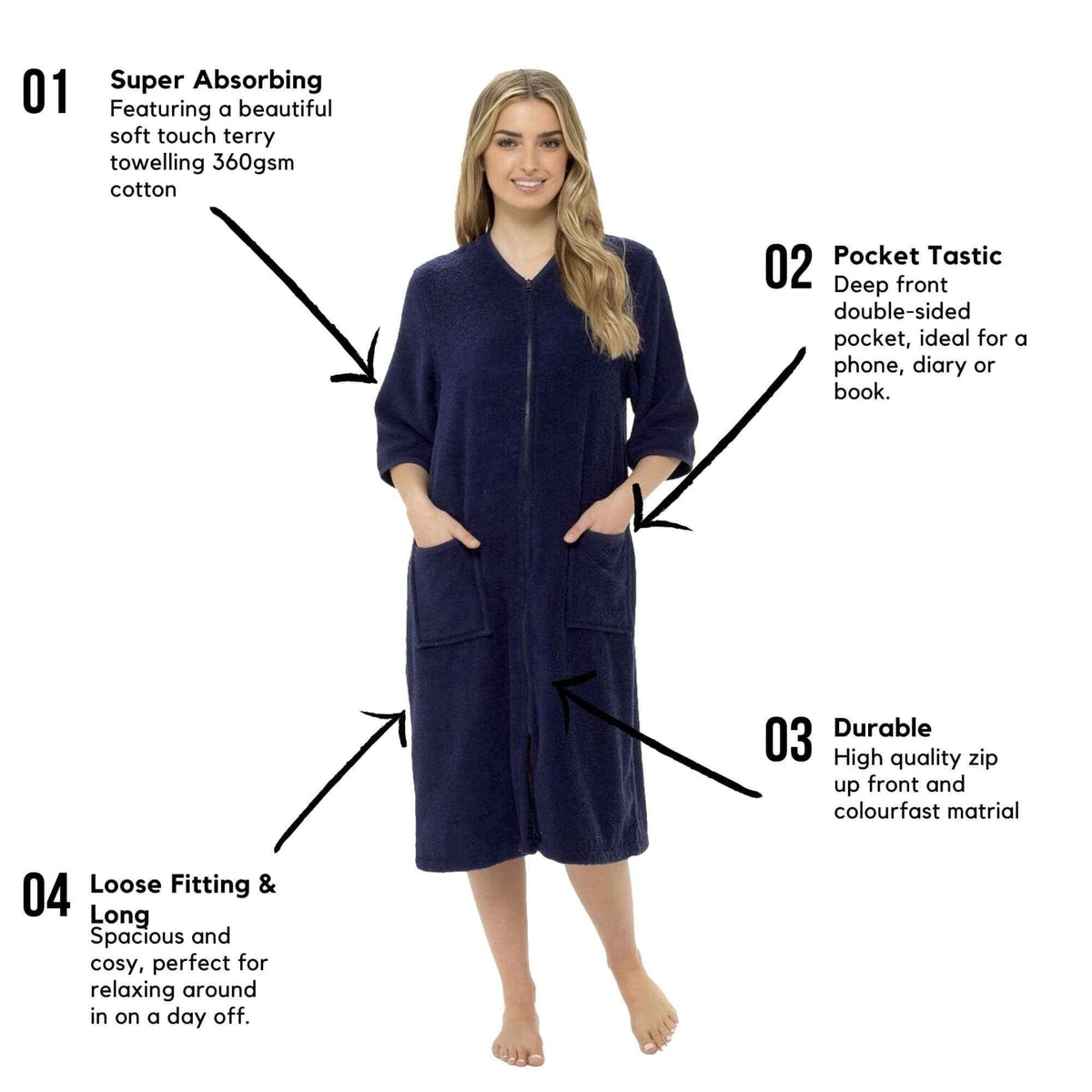 Women's Zip-Through Towelling Bath Robe